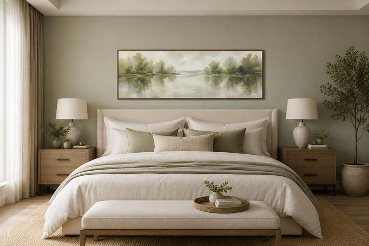 Sage green lake reflection landscape canvas print hanging above a bed in a neutral bedroom.