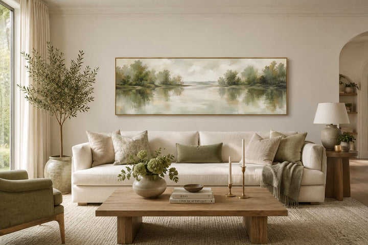 Sage green lake reflection landscape canvas print hanging above a white sofa in a neutral room.