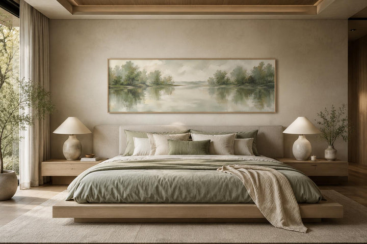 Sage green lake reflection landscape canvas print hanging above a bed in a neutral bedroom.