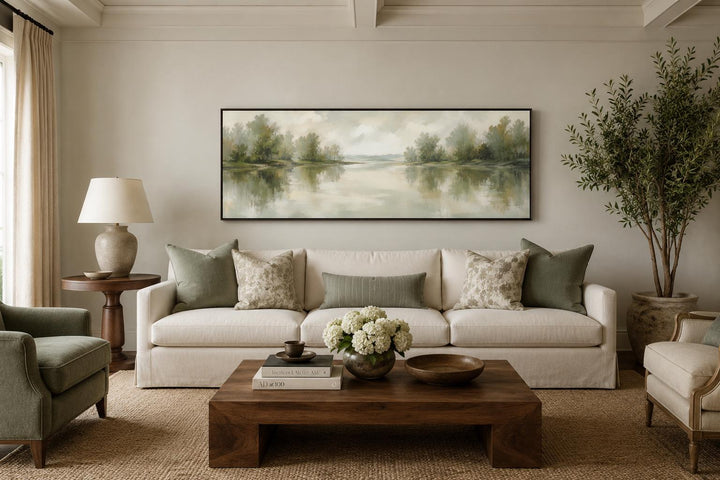 Sage green lake reflection landscape canvas print above a white sofa in a neutral living room.