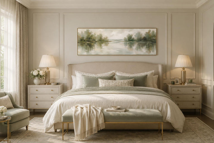 Sage green lake reflection landscape canvas print hanging above a bed in a neutral bedroom.