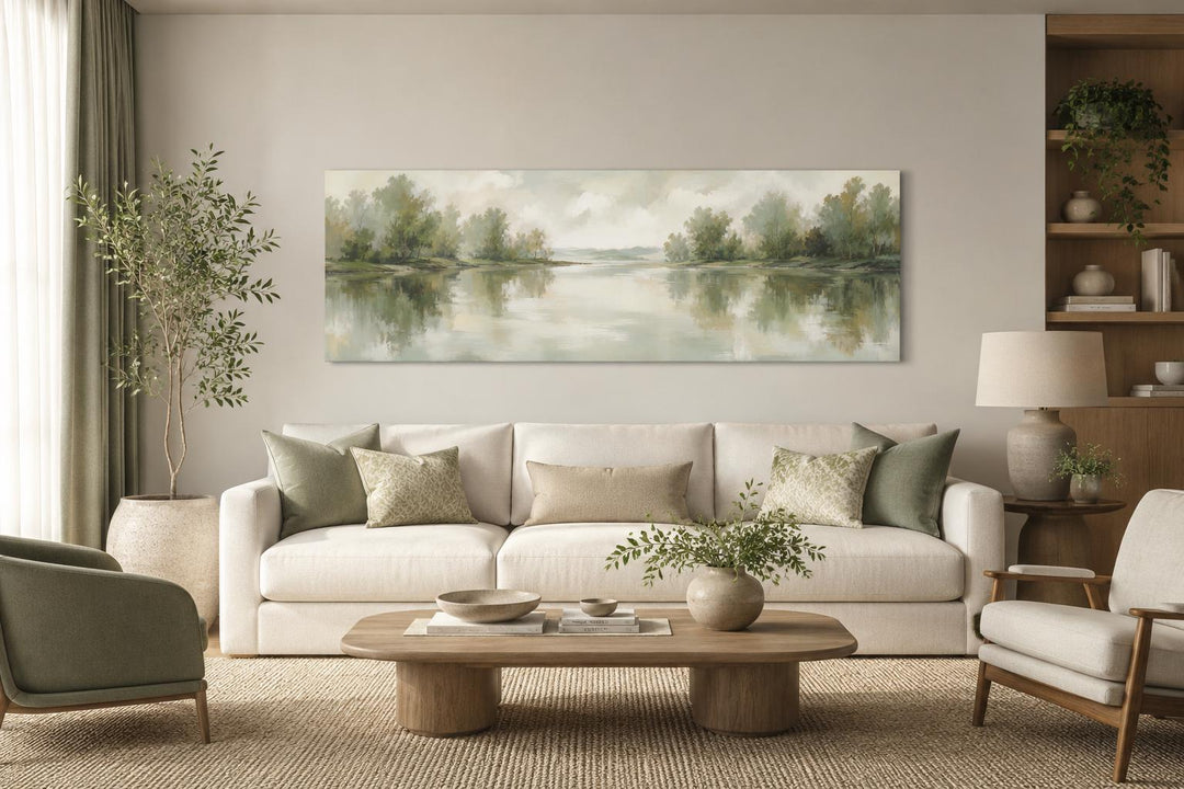 Sage green lake reflection landscape canvas print above a sofa in a neutral living room.