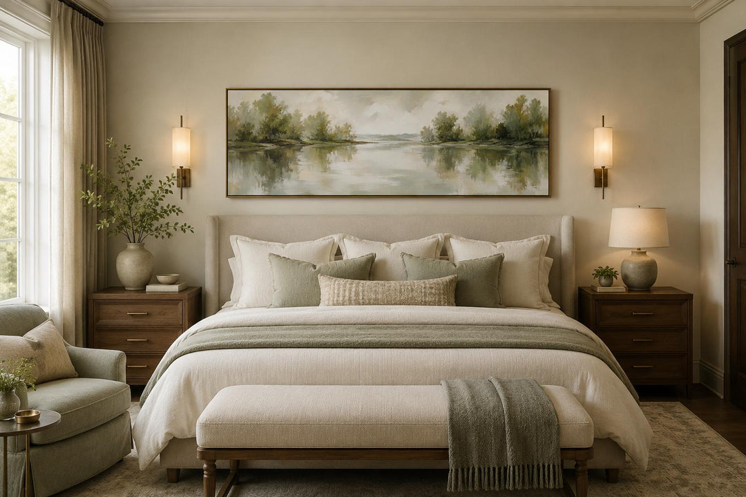 Sage green lake reflection landscape canvas print hanging above a bed in a neutral bedroom.
