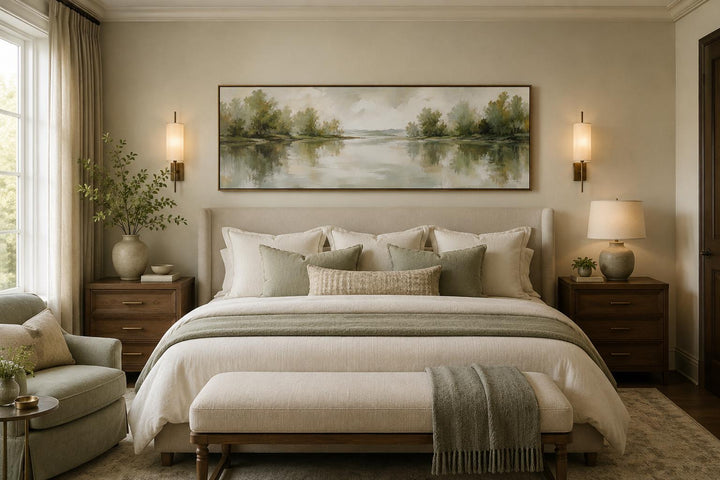 Sage green lake reflection landscape canvas print hanging above a bed in a neutral bedroom.