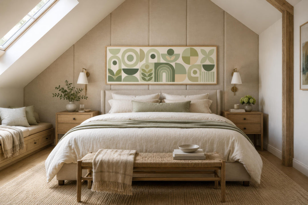 Sage green long narrow geometric canvas print with Bauhaus-inspired shapes above a bed.