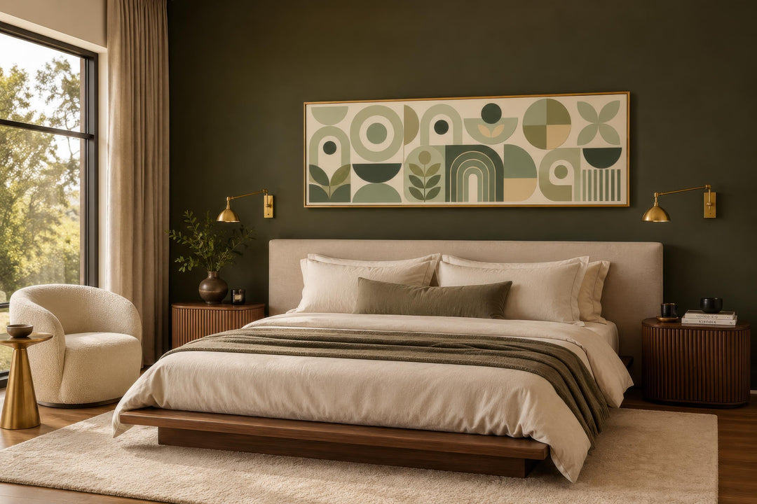 Sage green long narrow geometric canvas wall art with Bauhaus-inspired shapes above a bed.