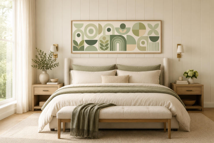 Sage green geometric Bauhaus wall art in a long narrow frame above a bed in a neutral bedroom.