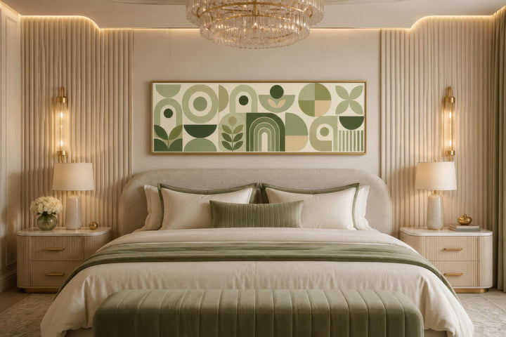 Sage green geometric Bauhaus canvas print in a long narrow frame above a bed in a modern bedroom.