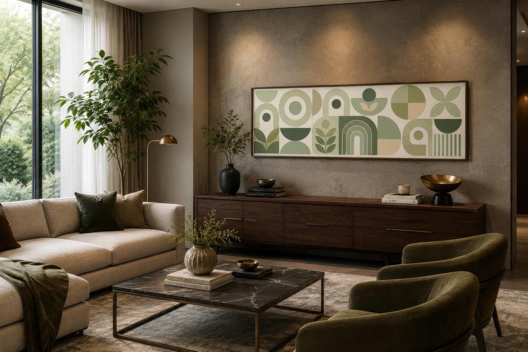 Sage green long narrow wall art with geometric Bauhaus patterns above a dark wood console table.