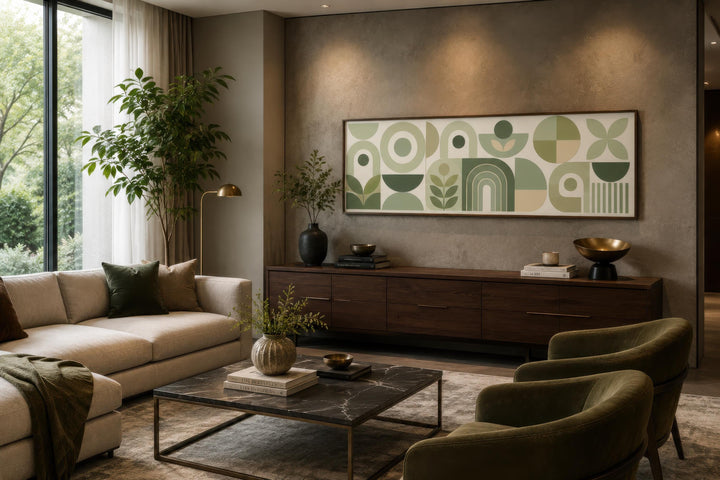 Sage green long narrow wall art with geometric Bauhaus patterns above a dark wood console table.