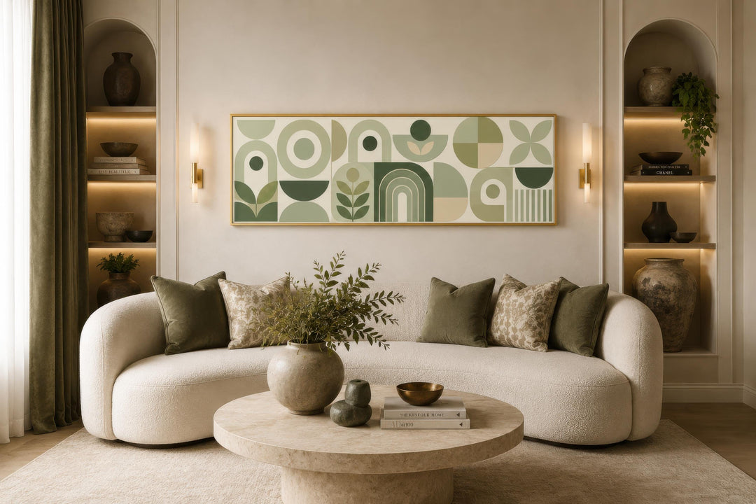 Sage green long narrow geometric canvas wall art in a Bauhaus style above a modern white sofa.