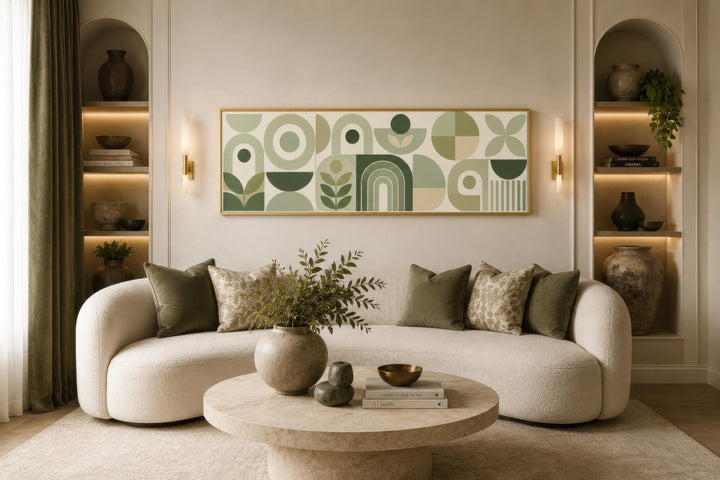 Sage green long narrow geometric canvas wall art in a Bauhaus style above a modern white sofa.