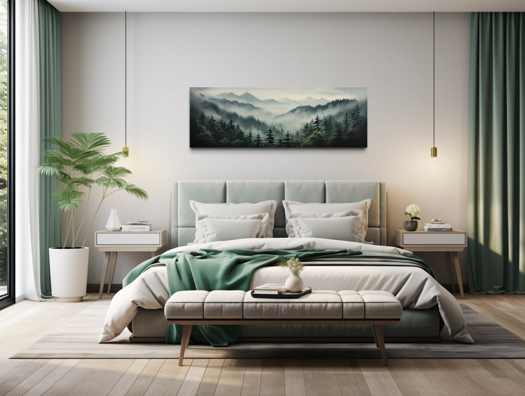 Sage Green Moody Foggy Pine Forest Mountains Landscape Above Bed Wall Art