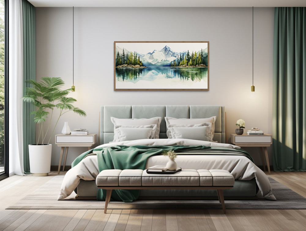 Sage Green Mountain Lake Landscape Framed Canvas Wall Art above bed