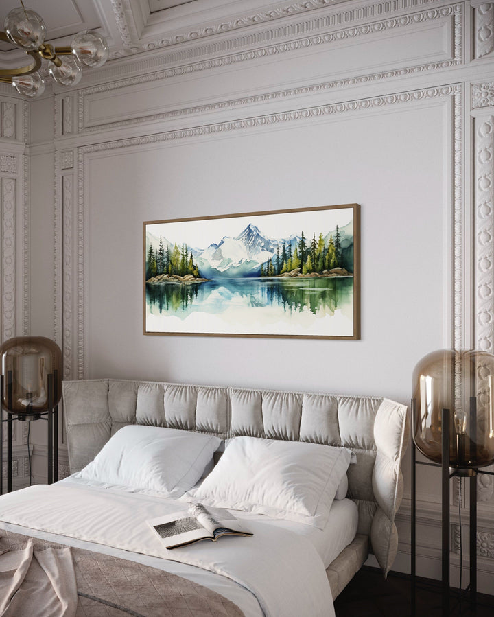 Sage Green Mountain Lake Landscape Framed Canvas Wall Art