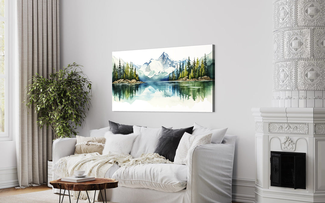 Sage Green Mountain Lake Landscape Framed Canvas Wall Art