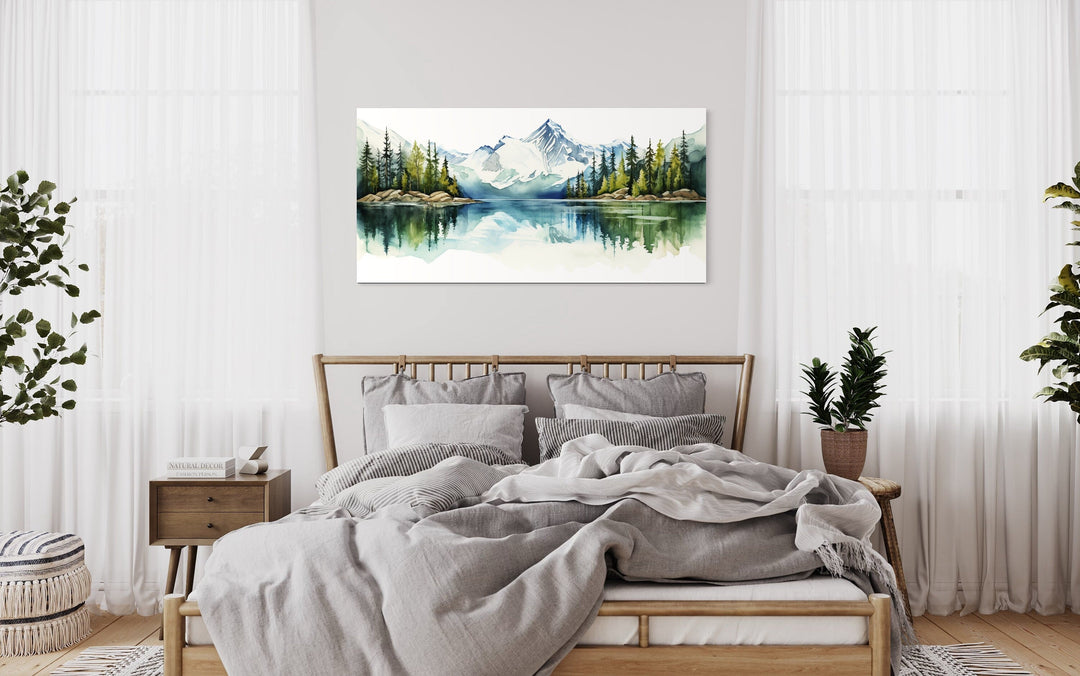 Sage Green Mountain Lake Landscape Framed Canvas Wall Art