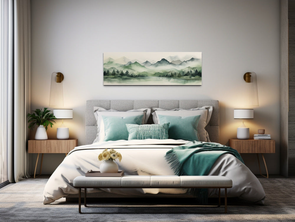 Sage Green Mountains Lake Long Horizontal Watercolor Framed Canvas Wall Art above bed