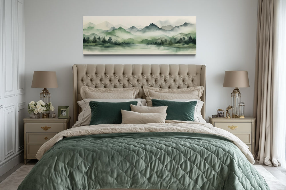 Sage Green Mountains Lake Long Horizontal Watercolor Framed Canvas Wall Art