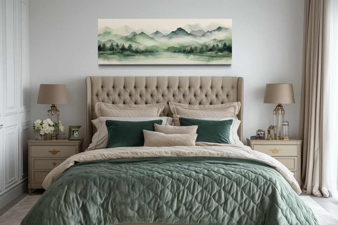 Sage Green Mountains Lake Long Horizontal Watercolor Framed Canvas Wall Art