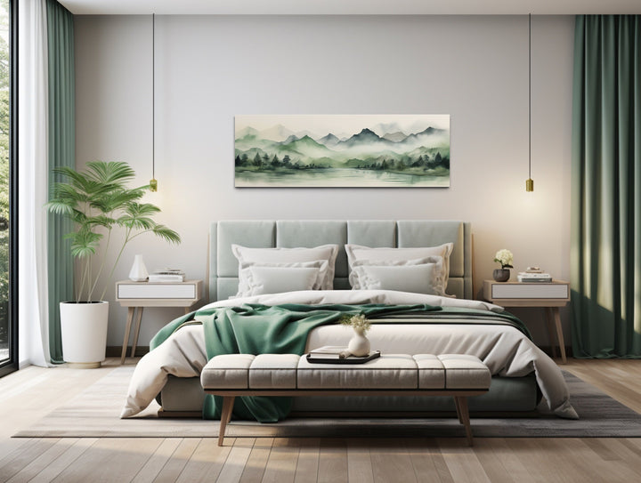 Sage Green Mountains Lake Long Horizontal Watercolor Framed Canvas Wall Art