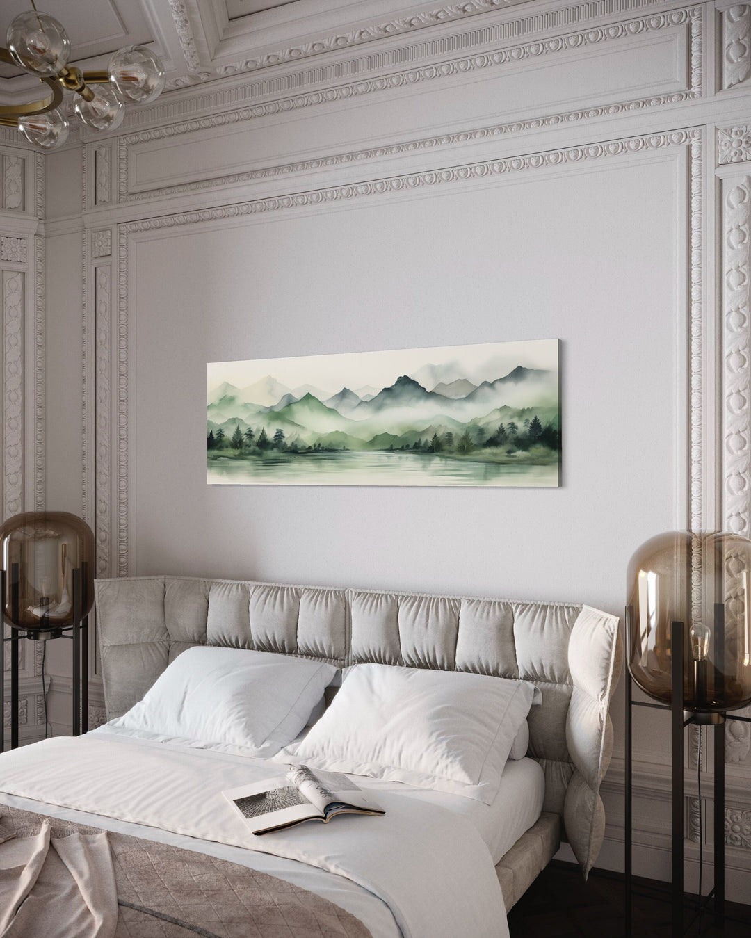 Sage Green Mountains Lake Long Horizontal Watercolor Framed Canvas Wall Art