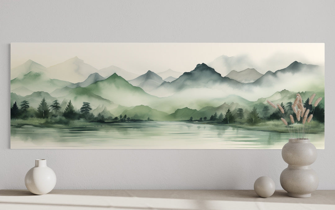 Sage Green Mountains Lake Long Horizontal Watercolor Framed Canvas Wall Art