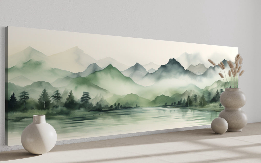 Sage Green Mountains Lake Long Horizontal Watercolor Framed Canvas Wall Art