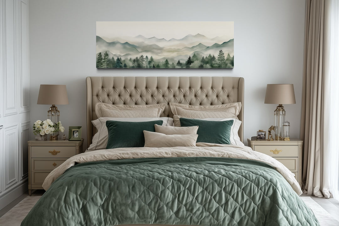 Sage Green Mountains Long Horizontal Canvas Wall Art Above Bed Or Couch