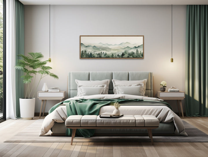 Sage Green Mountains Long Horizontal Canvas Wall Art Above Bed Or Couch