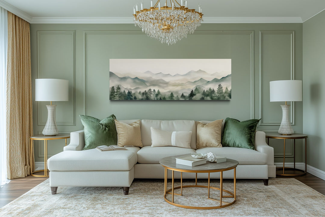 Sage Green Mountains Long Horizontal Canvas Wall Art Above Bed Or Couch