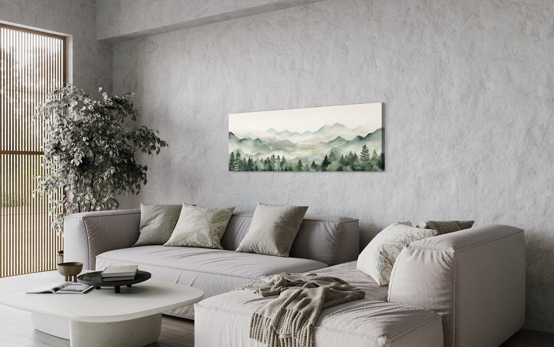 Sage Green Mountains Long Horizontal Canvas Wall Art Above Bed Or Couch