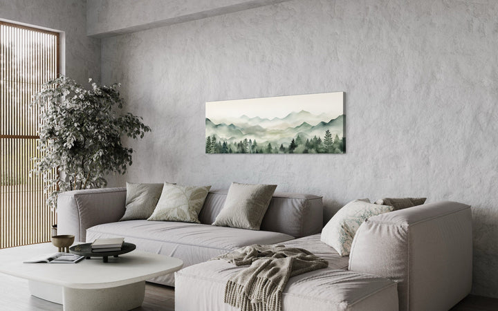 Sage Green Mountains Long Horizontal Canvas Wall Art Above Bed Or Couch