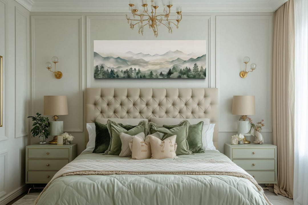 Sage Green Mountains Long Horizontal Canvas Wall Art Above Bed Or Couch