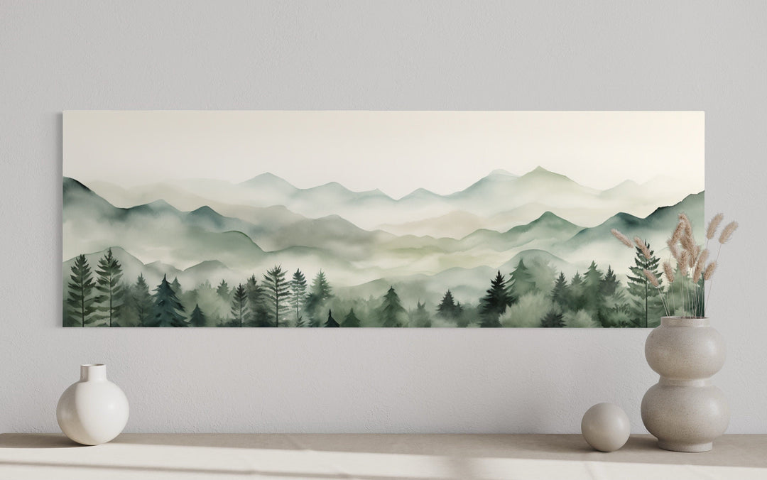 Sage Green Mountains Long Horizontal Canvas Wall Art Above Bed Or Couch