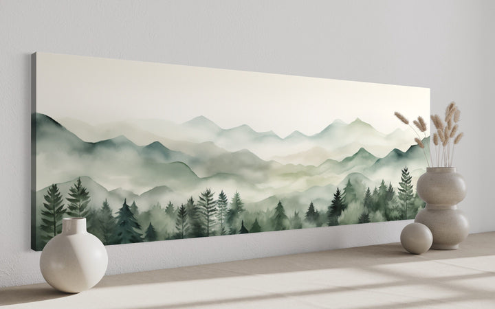 Sage Green Mountains Long Horizontal Canvas Wall Art Above Bed Or Couch