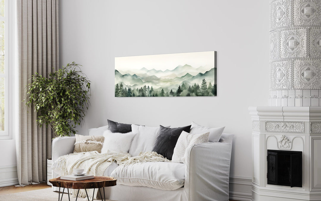 Sage Green Mountains Long Horizontal Canvas Wall Art Above Bed Or Couch