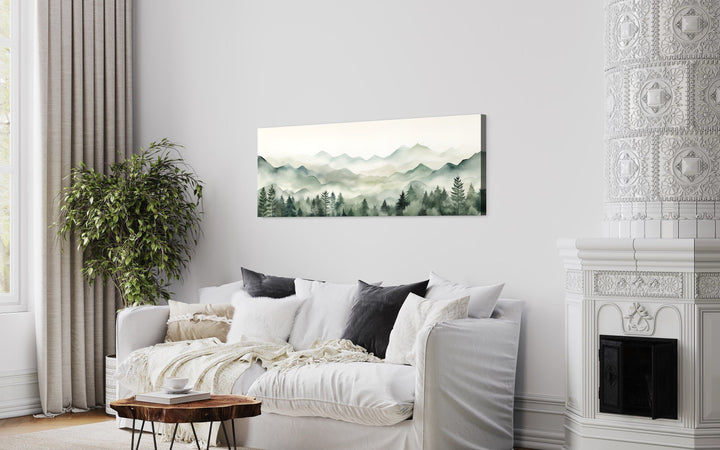 Sage Green Mountains Long Horizontal Canvas Wall Art Above Bed Or Couch