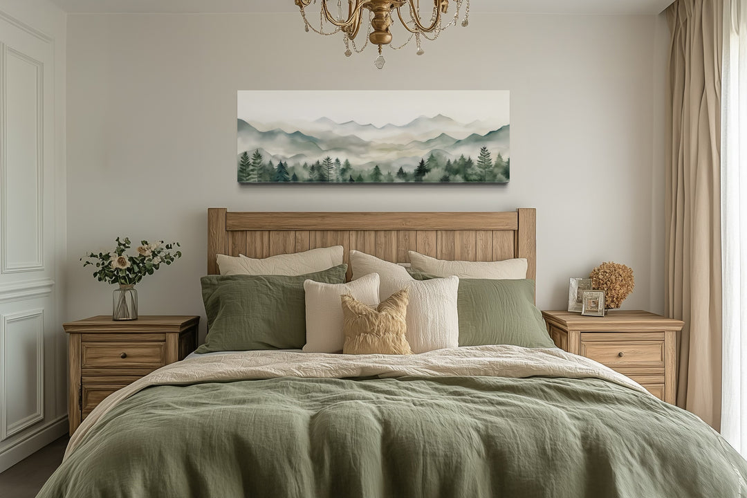 Sage Green Mountains Long Horizontal Canvas Wall Art Above Bed Or Couch