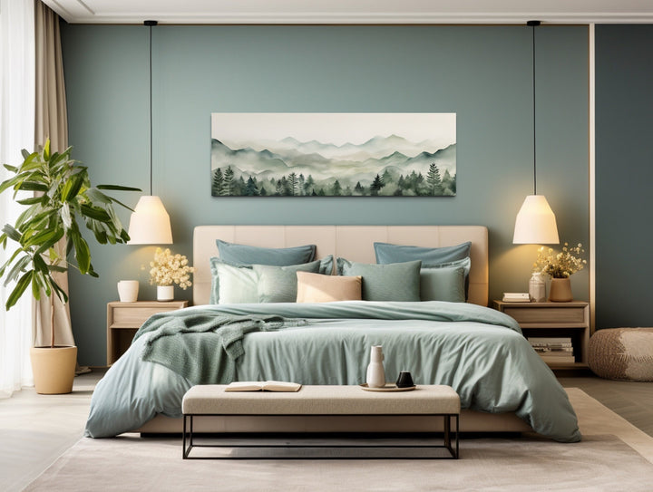 Sage Green Mountains Long Horizontal Canvas Wall Art Above Bed Or Couch