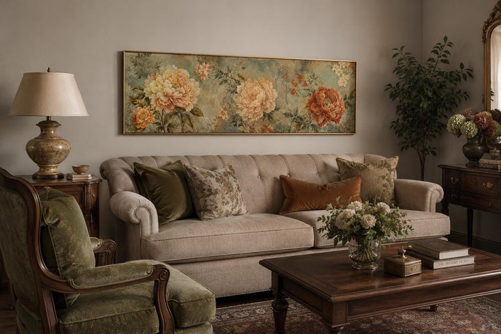 Sage green and orange peony vintage framed floral tapestry hanging above a beige tufted sofa.