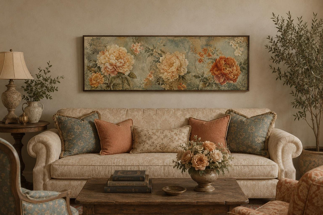 Sage green and orange peony vintage framed floral tapestry wall art above a beige patterned sofa.