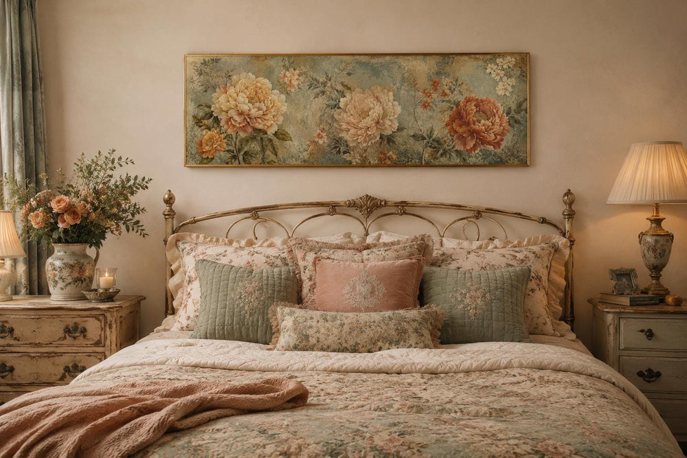 Sage green and orange peony vintage framed floral tapestry hanging above a bed with floral bedding.