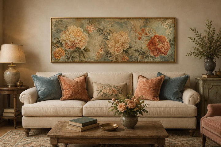Sage green and orange peony vintage framed floral tapestry wall art above a cream sofa.