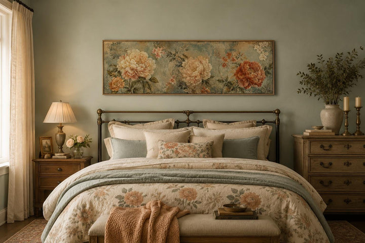 Sage green and orange peony vintage framed floral tapestry wall art above a bed.