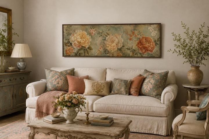 Sage green and orange peony vintage framed floral tapestry hanging above a cream sofa.