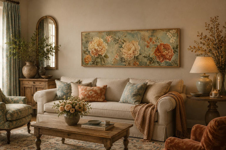 Sage green and orange peony vintage framed floral tapestry hanging above a beige sofa in a living room.