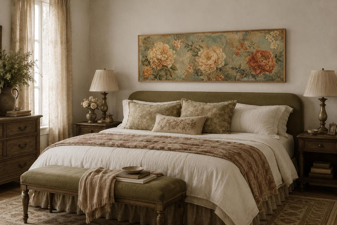 Sage green and orange peony vintage framed floral tapestry hanging above a bed in a bedroom.