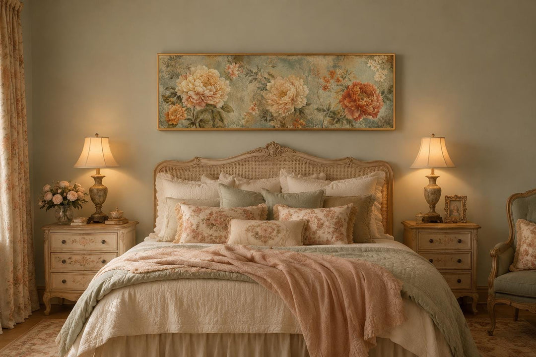 Sage green and orange peony vintage framed floral tapestry hanging above a bed in a bedroom.
