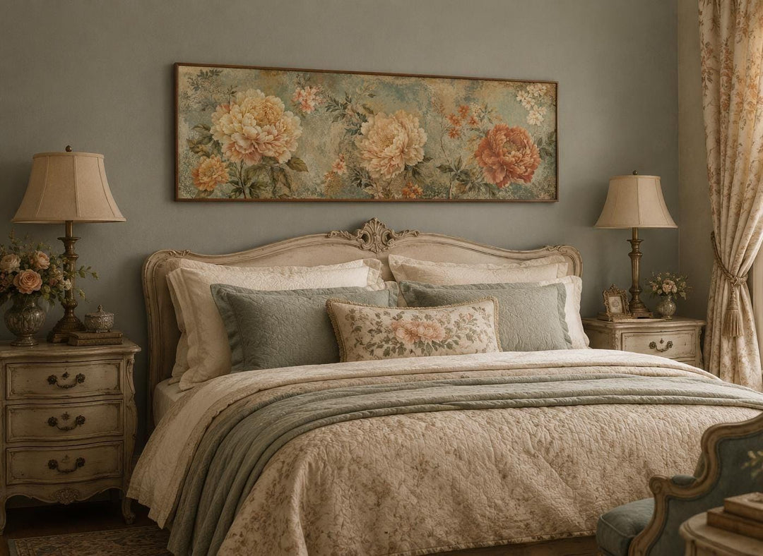 Sage green and orange peony vintage framed floral tapestry wall art hanging above a bed.